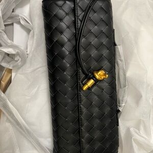 Black Woven Leather Clutch with Gold Accent